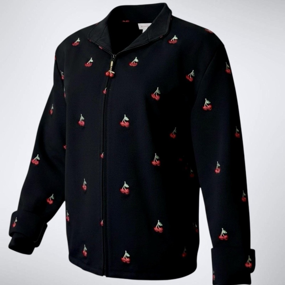 St John Sport Cherry Embroidered Pant Suit Black Novelty Set L 16